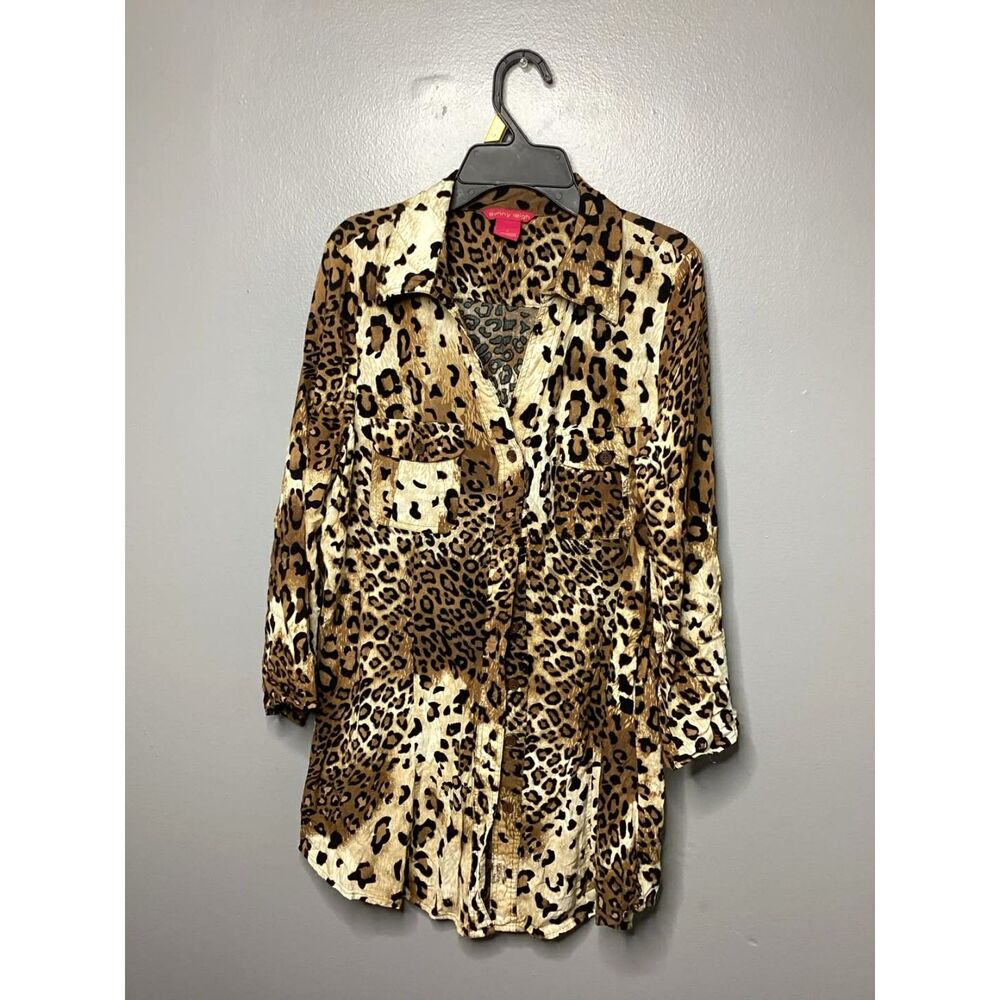 Sunny Leigh Leopard Print Button Front Blouse 100% Rayon Neutral Animal Print L